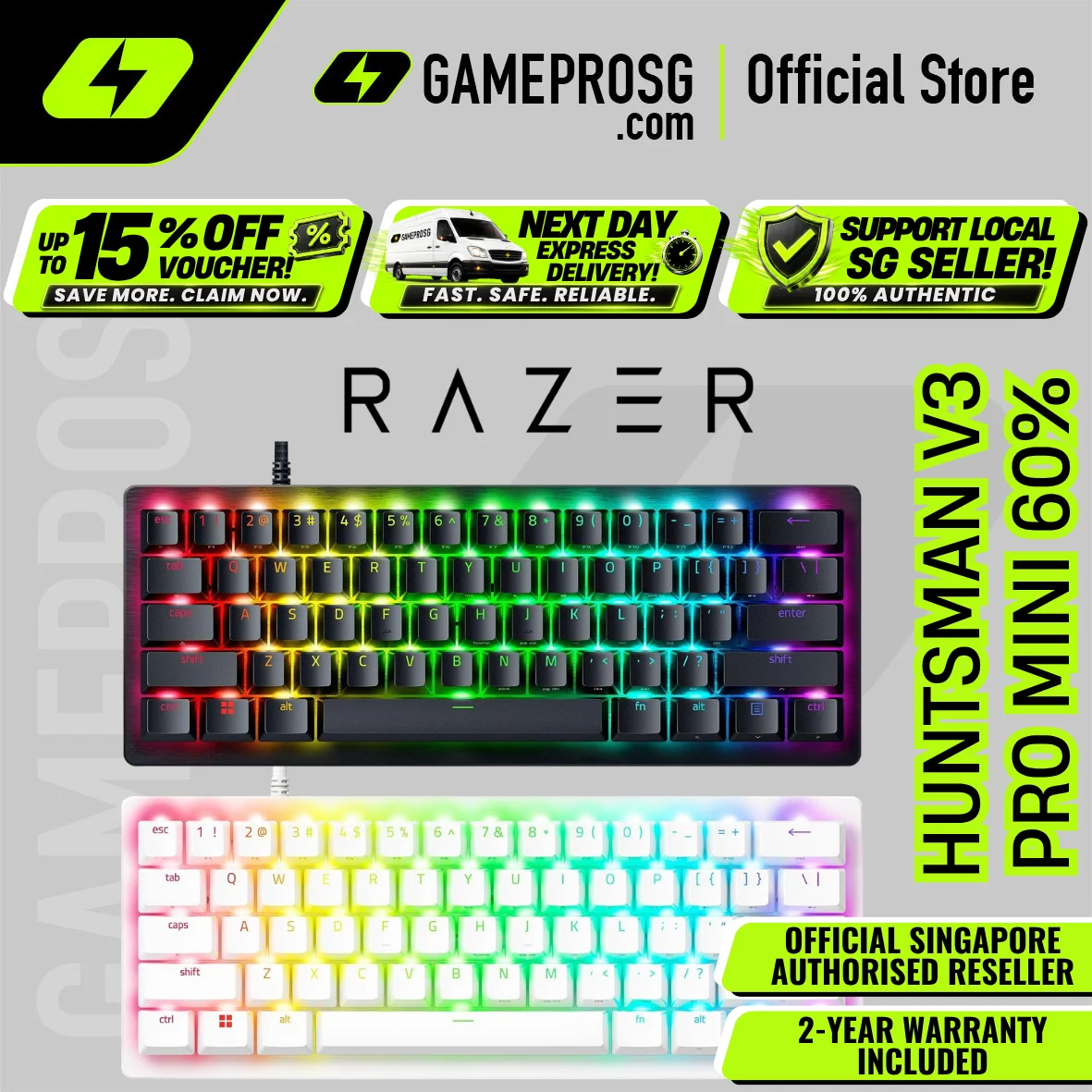 Razer Huntsman V3 Pro Mini 60% – Wired Analog Optical Gaming Keyboard – Esports Edition