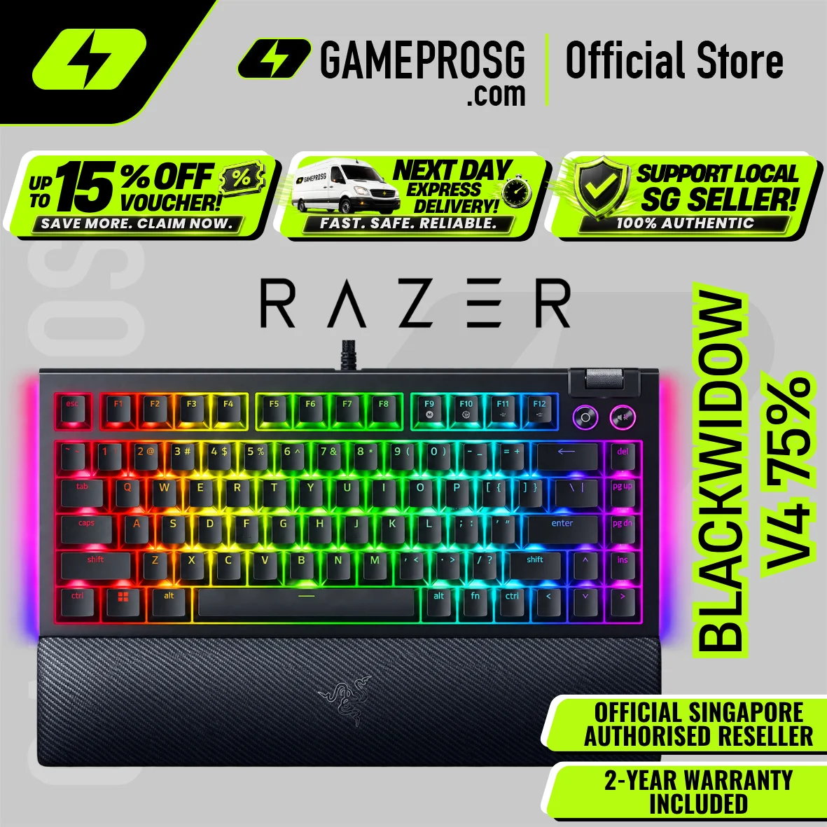 Razer BlackWidow V4 75% Wired Orange Switch Gaming Keyboard with Hot-Swappable Design - Black