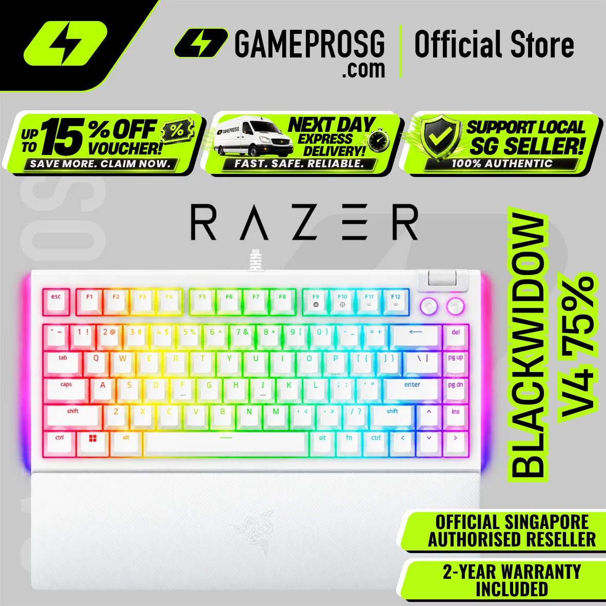 Razer BlackWidow V4 75% Wired Orange Switch Gaming Keyboard with Hot-Swappable Design - White