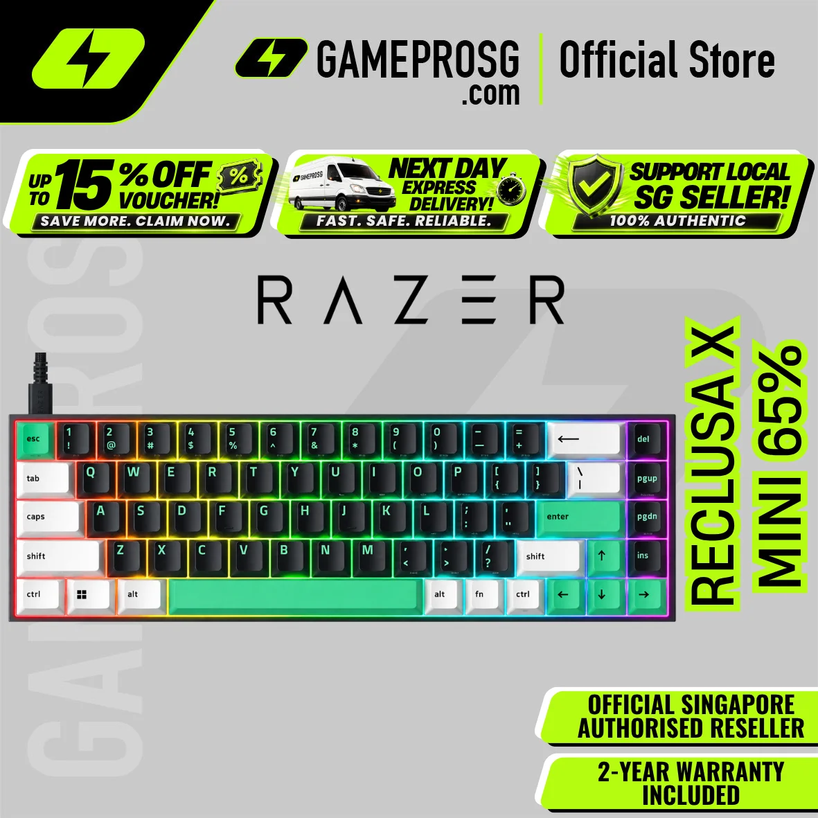 Razer Reclusa X Mini 65% Mechanical Gaming Keyboard — Hot-Swappable - Orange Tactile Gen-3 - Chroma RGB