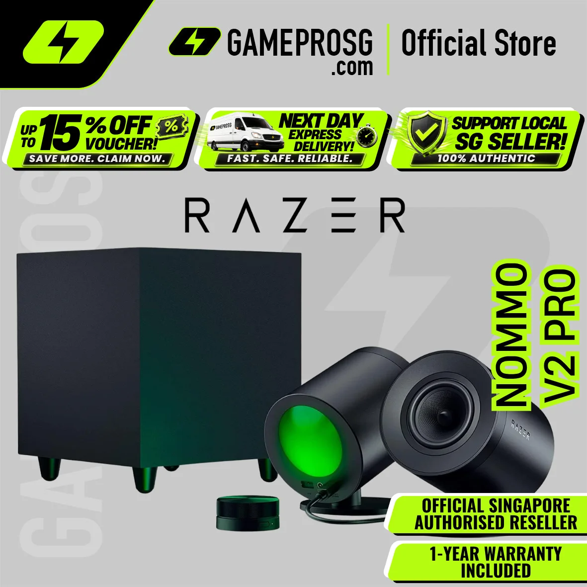Razer Nommo V2 Pro Full-Range 2.1 PC Gaming Speakers with Wireless Subwoofer / Razer Wireless Control Pod Ready / Razer Chroma Lighting