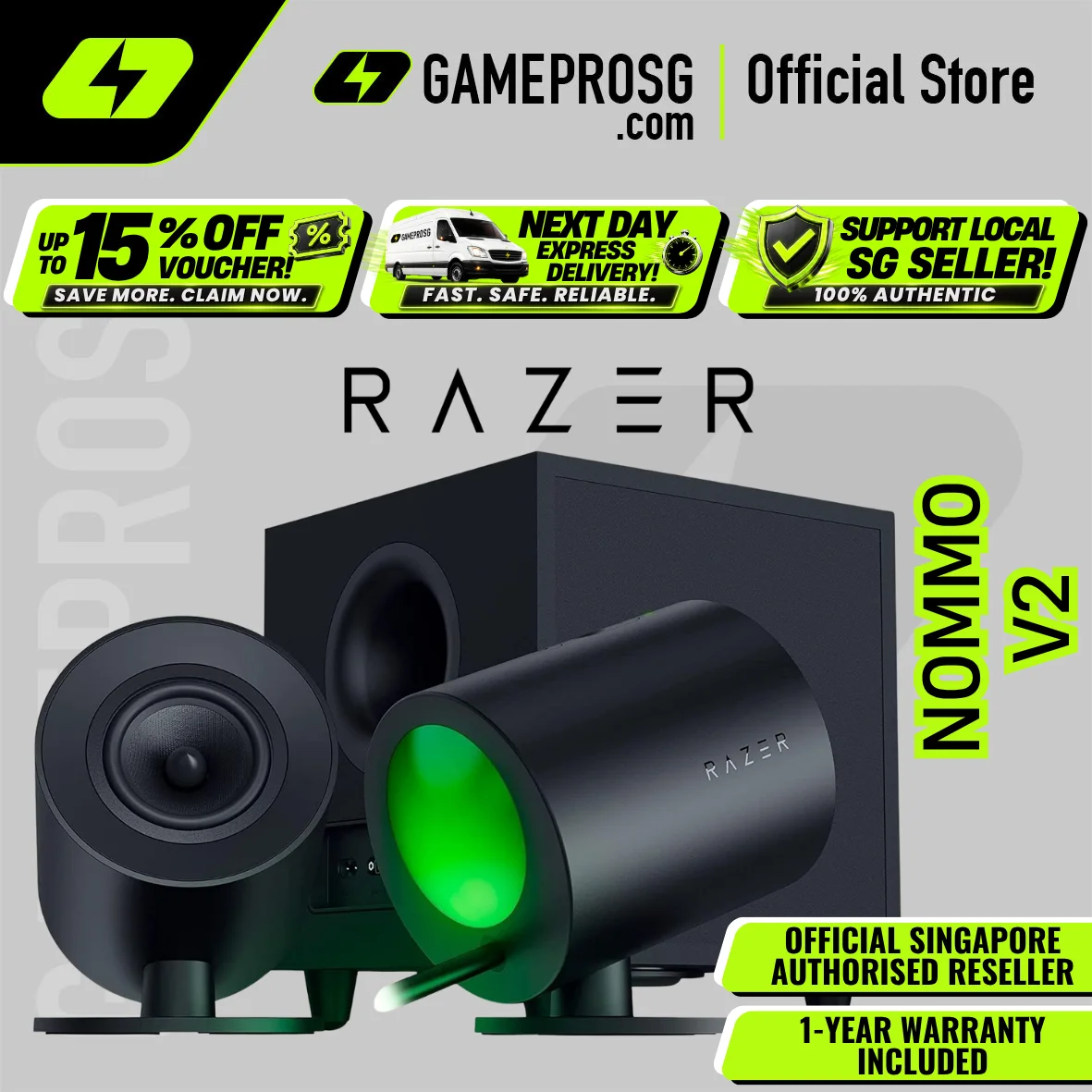 Razer Nommo V2 Full-Range 2.1 PC Gaming Speakers with Wired Subwoofer / 3” Drivers / 5-Panel Crown / Razer Chroma Lighting