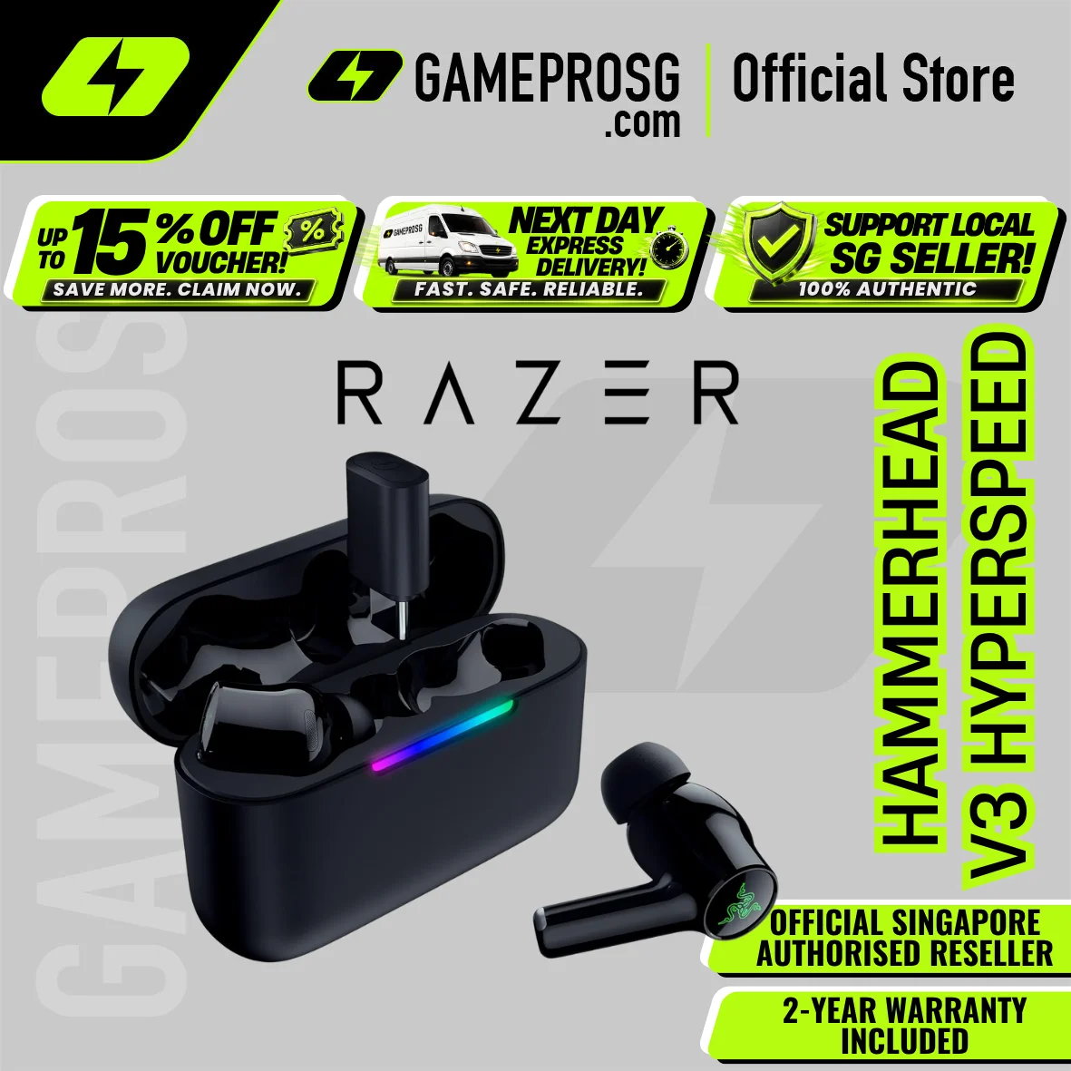 Razer Hammerhead V3 HyperSpeed – Hybrid ANC – 2.4GHz Wireless & Bluetooth 6.0 – Multi-Platform Gaming Earbuds