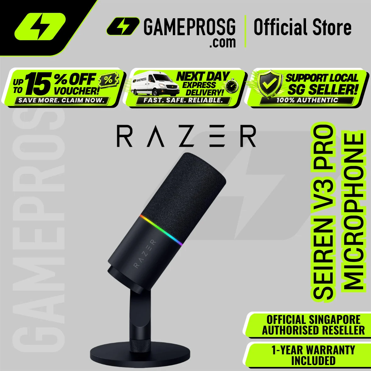 Razer Seiren V3 Pro – Dynamic USB-C & XLR Microphone – 32-Bit Float – AI Noise Removal – Chroma RGB
