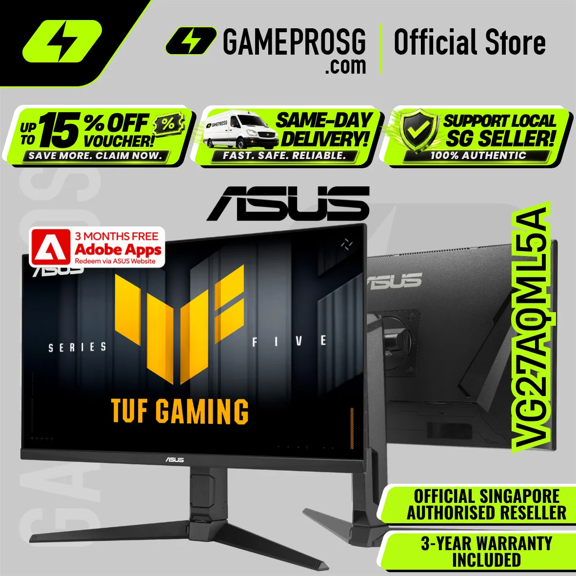 Asus TUF Gaming VG27AQML5A Gaming Monitor – 27-inch, QHD(2560x1440), 300Hz, Fast IPS AMD FreeSync ELMB SYNC VESA DisplayHDR