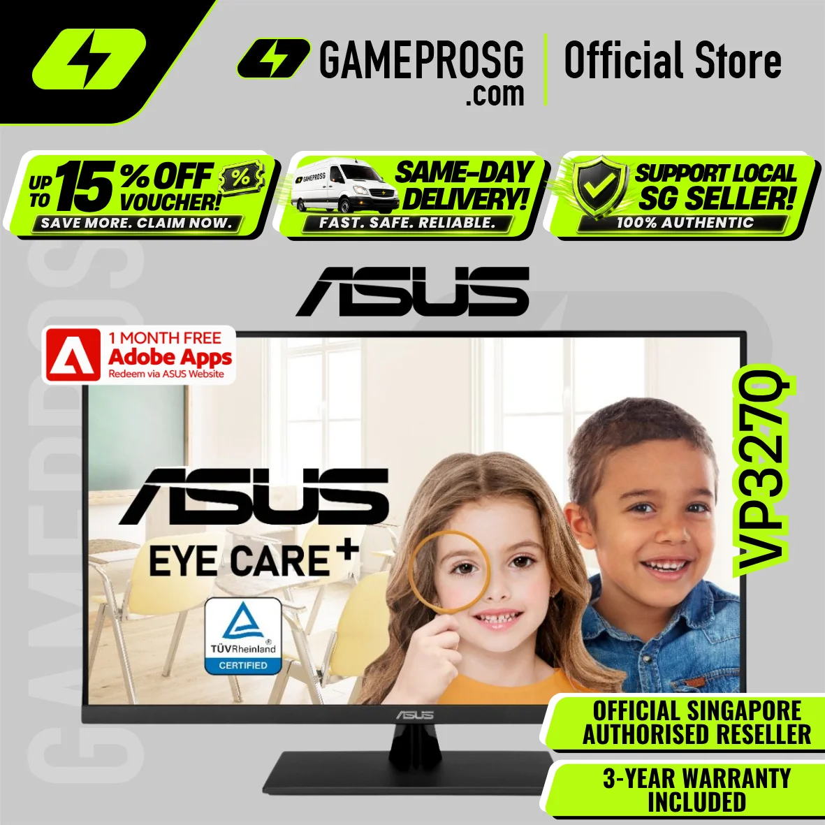 ASUS VP327Q Eye Care Monitor – 31.5" 4K UHD VA – HDR10 – 99% sRGB – Adaptive-Sync – HDMI - DP
