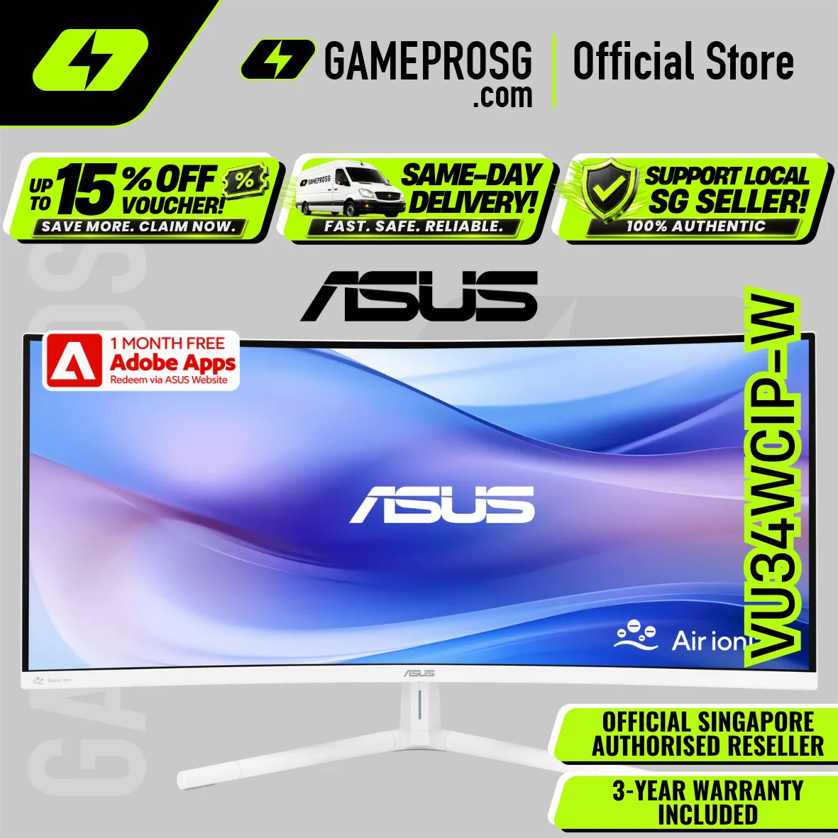 ASUS VU34WCIP-W Eye Care Monitor – 34" WQHD Curved VA 100Hz – 1ms – USB-C PD 65W – Air Ionizer