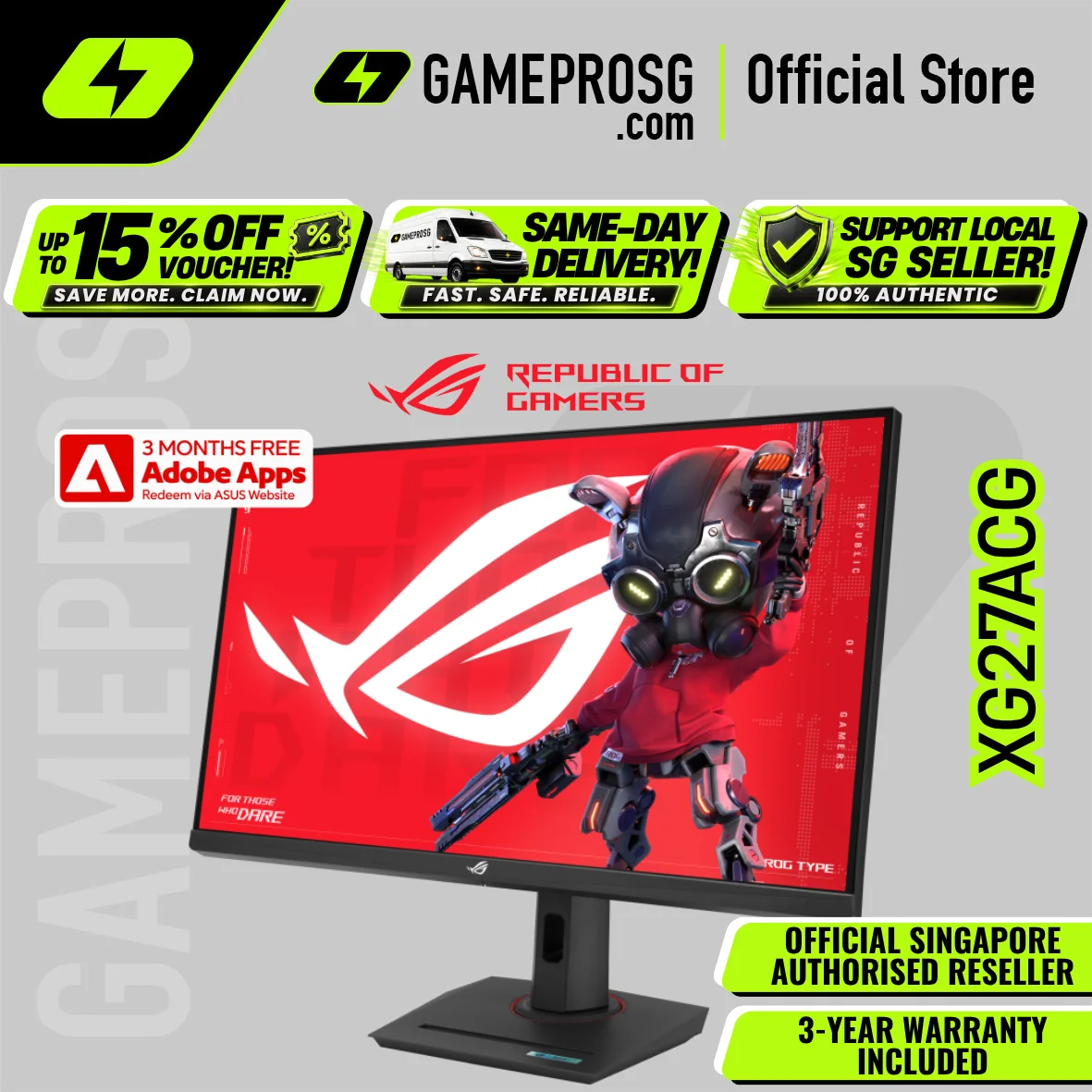ASUS ROG Strix XG27ACG Gaming Monitor 27-inch 2560x1440, 180Hz,1ms (GTG), Fast IPS, Extreme Low Motion Blur Sync, USB Type-C, G-Sync compatible