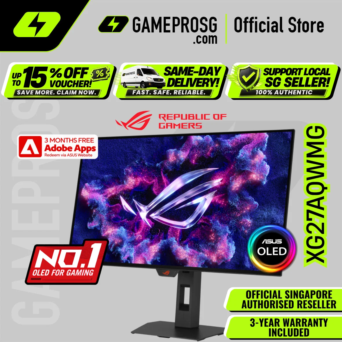 ASUS ROG Strix OLED XG27AQWMG – 27" 1440p Glossy Tandem OLED – 280Hz – 0.03ms Gaming Monitor