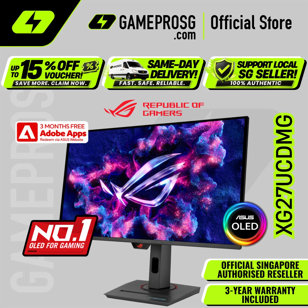 Asus ROG Strix OLED XG27UCDMG Gaming Monitor 27-inch (26.5-inch viewable) 4K QD-OLED panel 240Hz 0.03ms