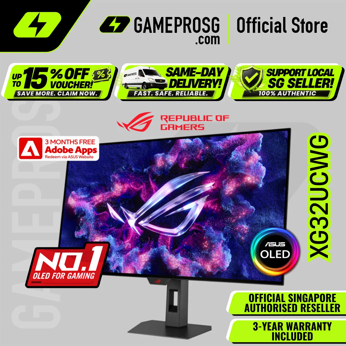ASUS ROG Strix OLED XG32UCWG – 32" 4K Glossy WOLED 165Hz – 330Hz Dual Mode – 0.03ms Gaming Monitor