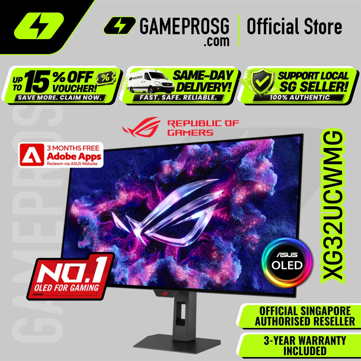 ASUS ROG Strix OLED XG32UCWMG – 32" 4K Glossy WOLED 240Hz – 480Hz Dual Mode – 0.03ms Gaming Monitor
