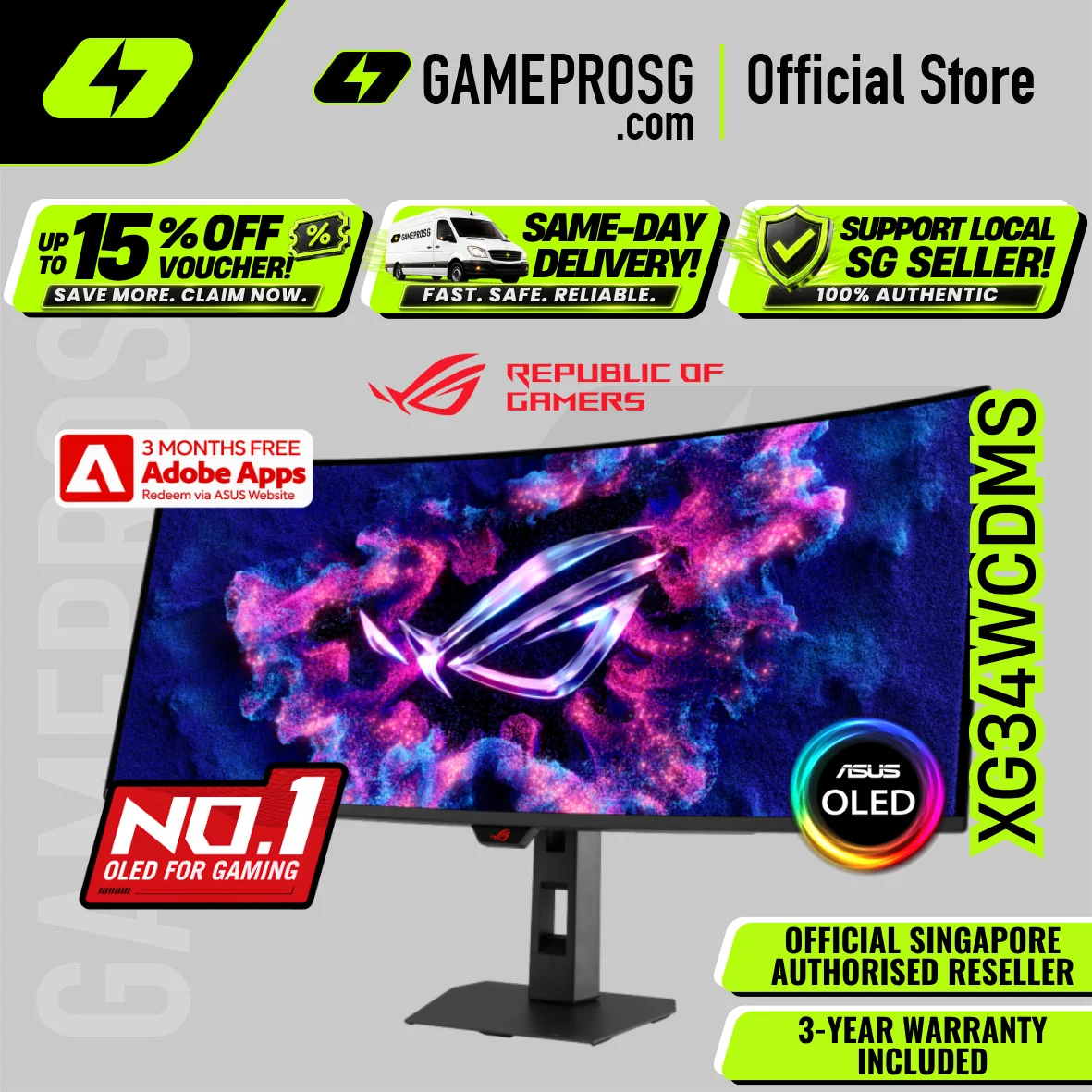 ASUS ROG Strix OLED XG34WCDMS – 34" WQHD Curved QD-OLED 280Hz – 0.03ms – USB-C – Gaming Monitor