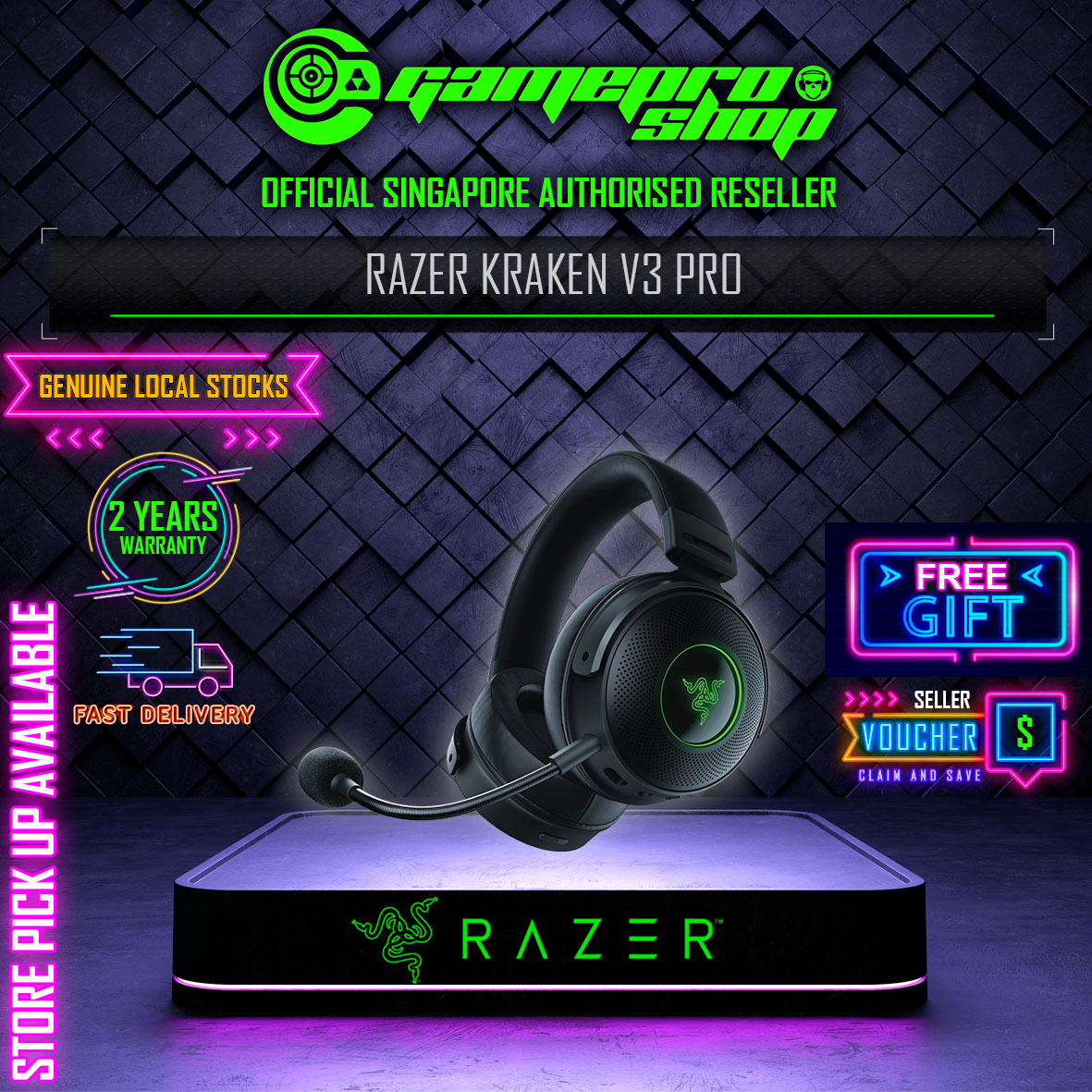 [Free Gift] Razer Kraken V3 Pro HyperSense Wireless Gaming Headset w/Haptic  Technology THX Audio- RZ04-03460100-R3M1 (2Y)