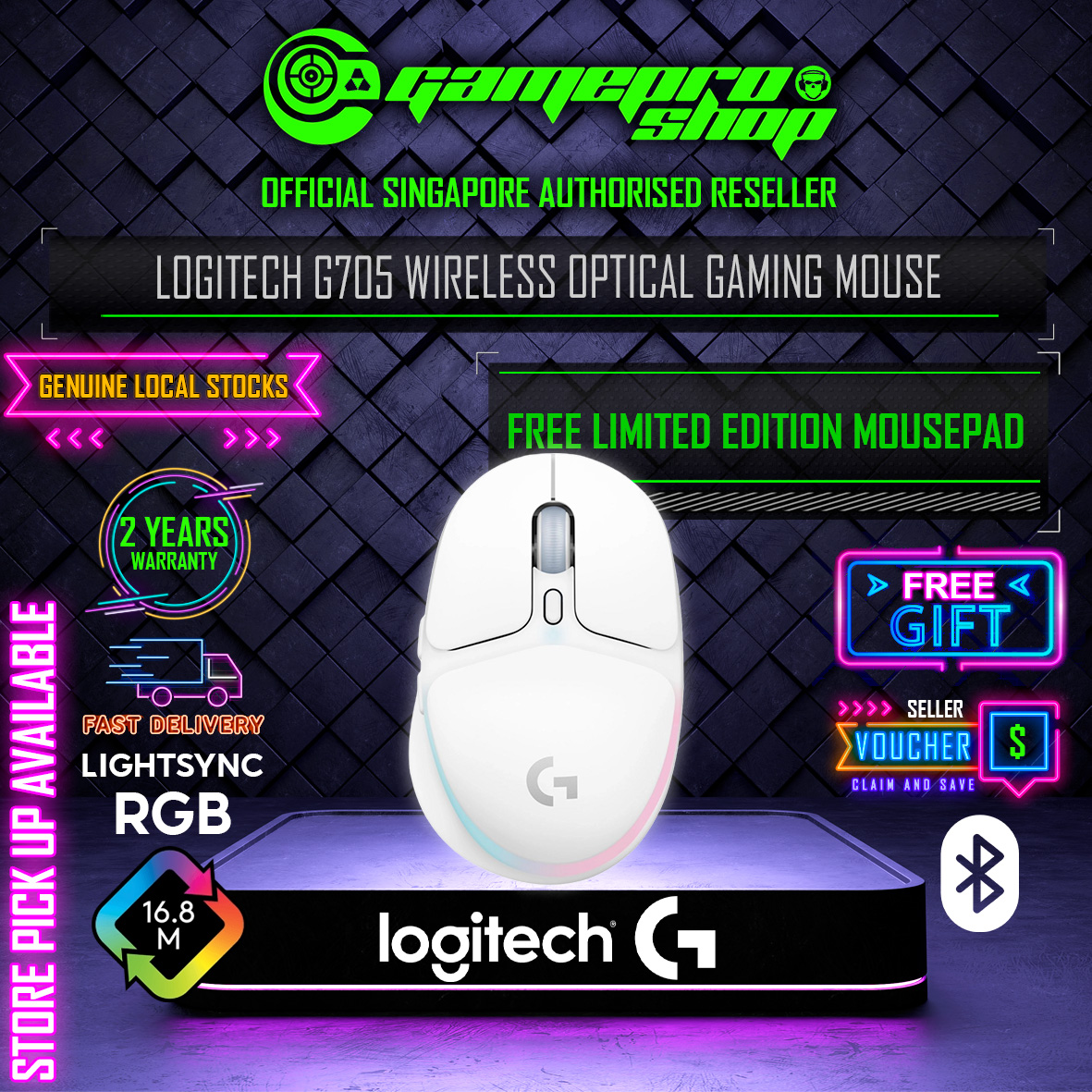 Free Gift] Collection Gaming Logitech Mist (2Y) Lighting 910-006369 LIGHTSYNC Mouse – RGB – GamePro Aurora Shop Wireless G705 – White