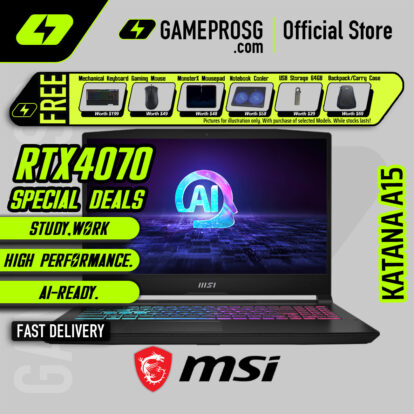 MSI Katana A15 AI B8VG-461SG Gaming Laptop — RTX4070 - 15.6" QHD IPS 165Hz - AMD Ryzen 7 - 16GB RAM - 1TB SSD