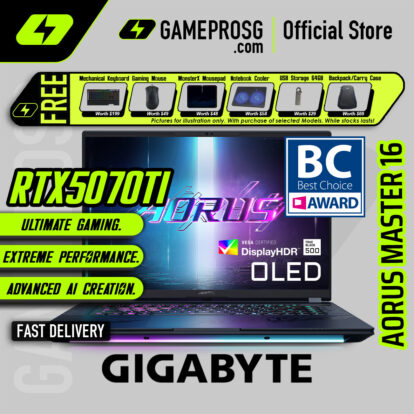 Gigabyte AORUS Master 16 Gaming Laptop — OLED Masterclass — RTX 5070Ti - 16" OLED 240Hz - Ultra 9 - 32GB - 1TB