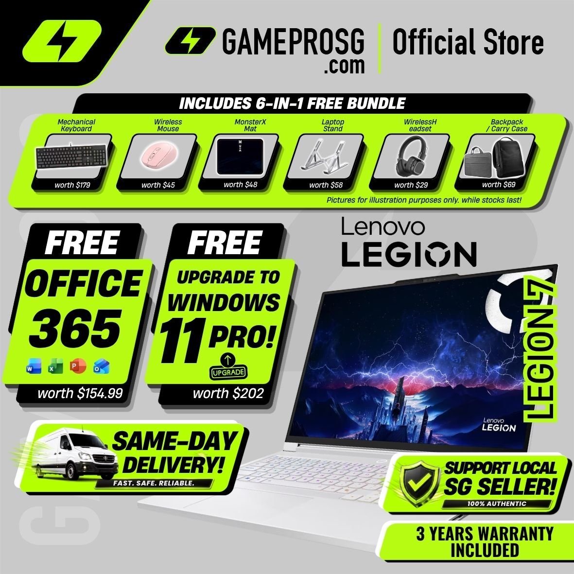 [Same‑Day Delivery] Lenovo Legion 7 Glacier White AI Gaming Laptop – Intel Core Ultra 9 – 32GB RAM – 1TB SSD – RTX5060 – 16″ OLED QHD 240Hz