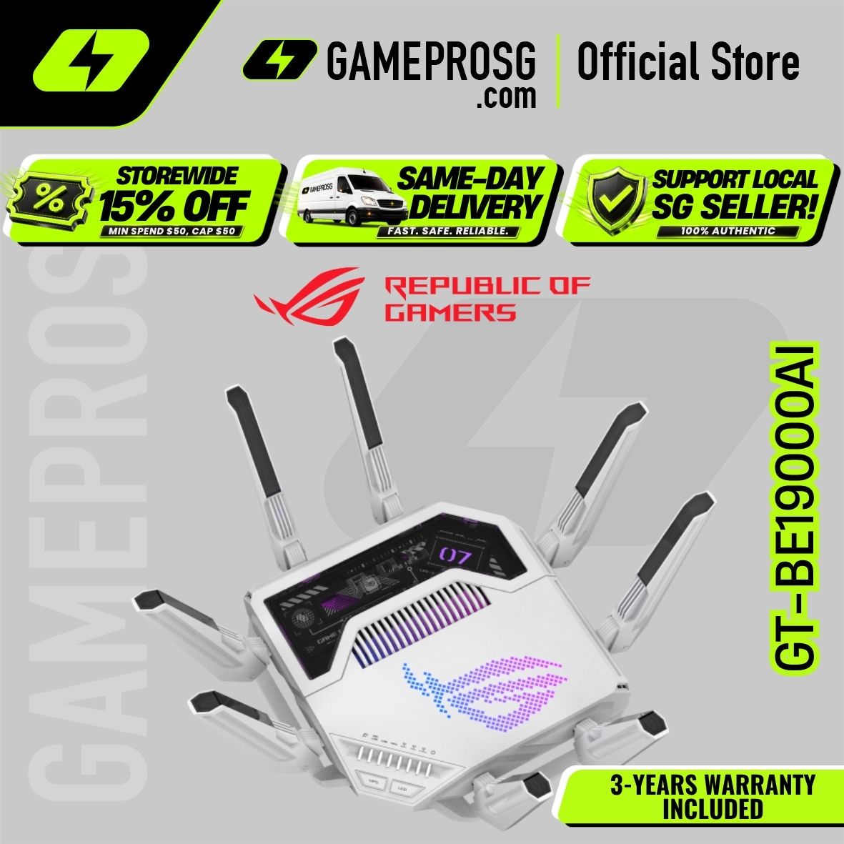 【SAME-DAY DELIVERY】ASUS ROG Rapture GT-BE19000AI WiFi 7 AI Tri-band Gaming Router – Dual 10G Ports – Docker Support